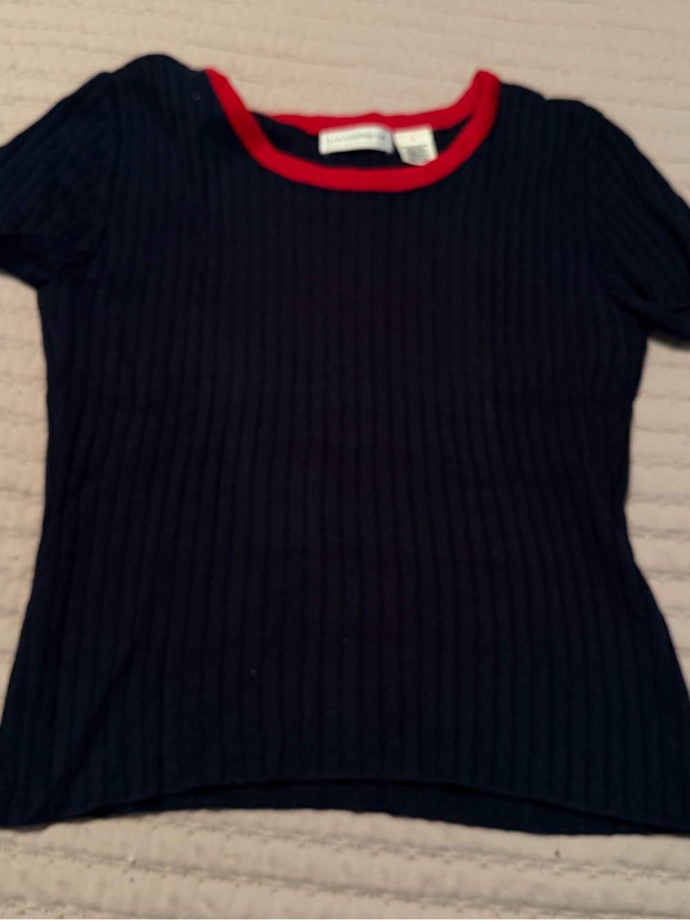 Liz Claiborne Navy Ribbed Short Sleeve Tee with Red Neckline